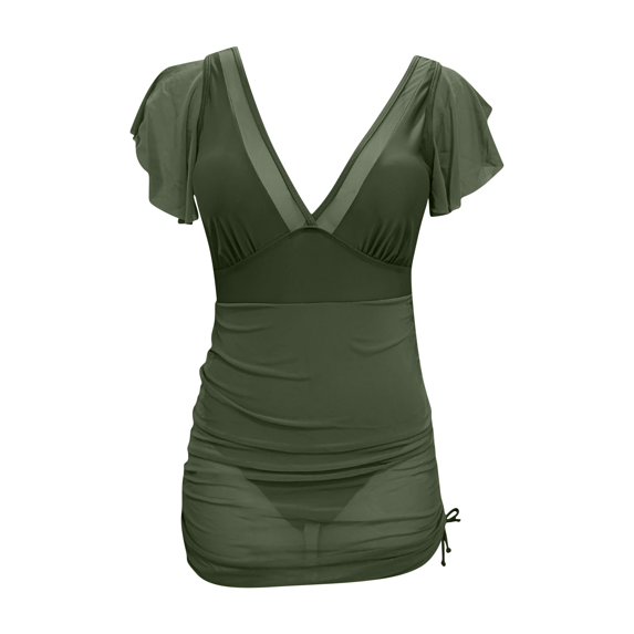 Sport Swimsuit Plus Size Womens One Piece Swimsuit Tummy Swim Dress Ruffle Drawstring Mesh Skirt Summer Beach Bathing Suit Green S