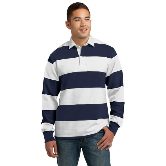Sport Tek Adult Male Men Stripe Long Sleeves Rugby Polo True Navy/Wht Large