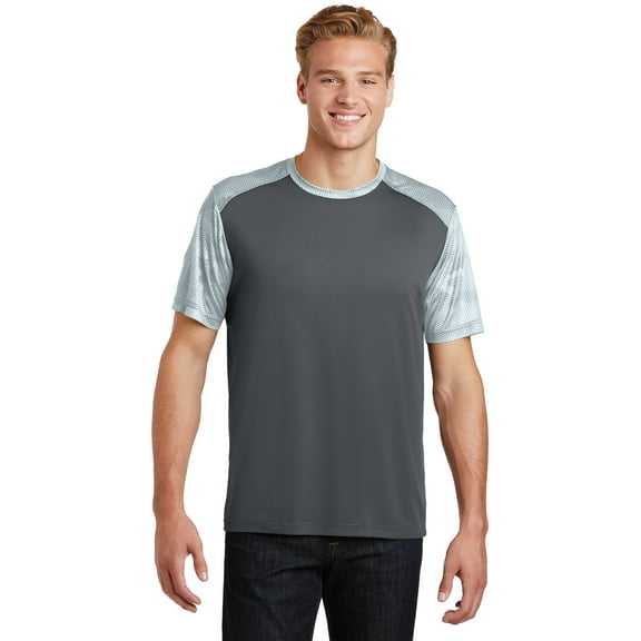 Sport-Tek CamoHex Colorblock Tee-M (Iron Grey/ White)