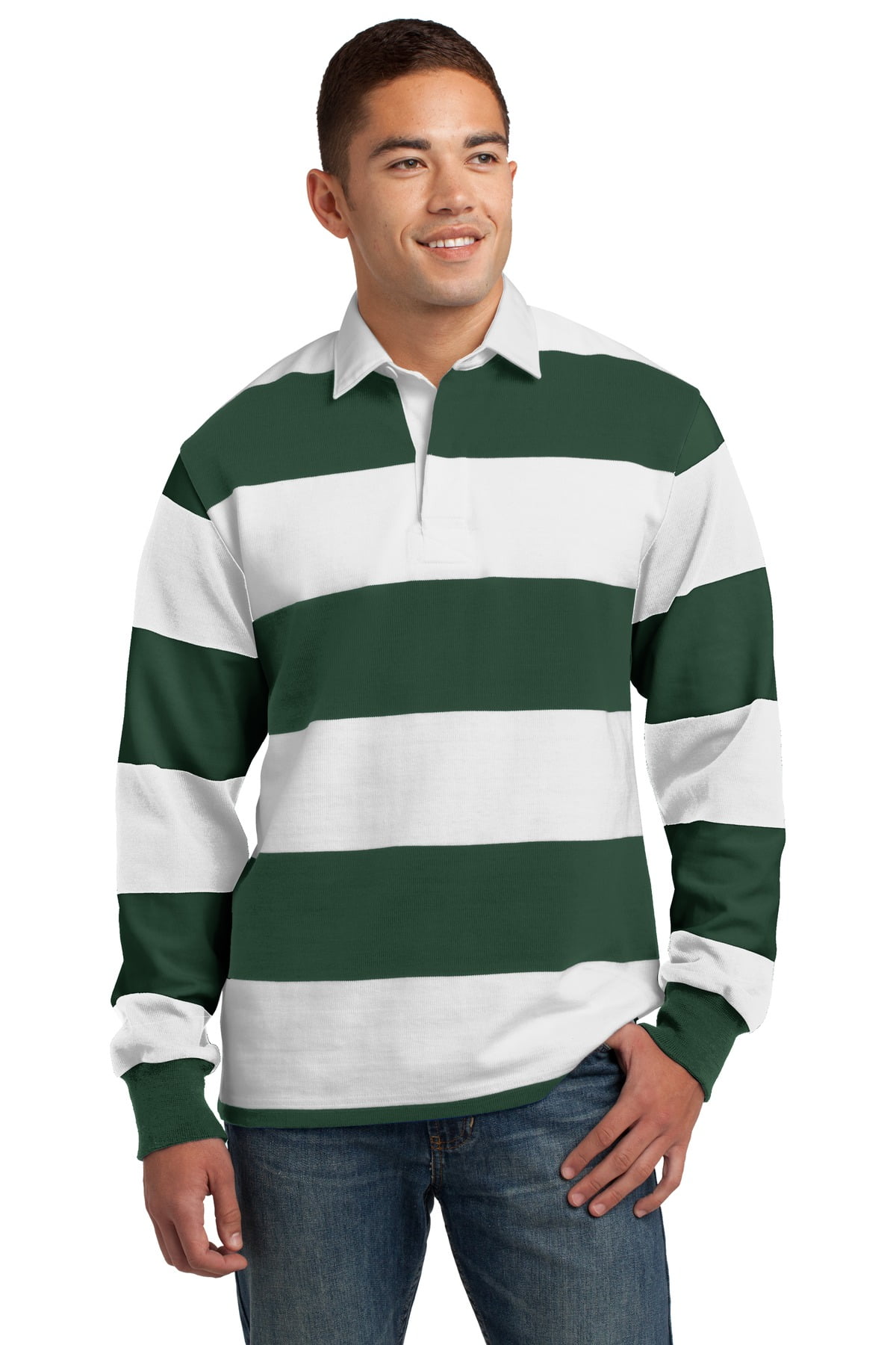 Sport-Tek Classic Long Sleeve Rugby Polo, Forest Green and White