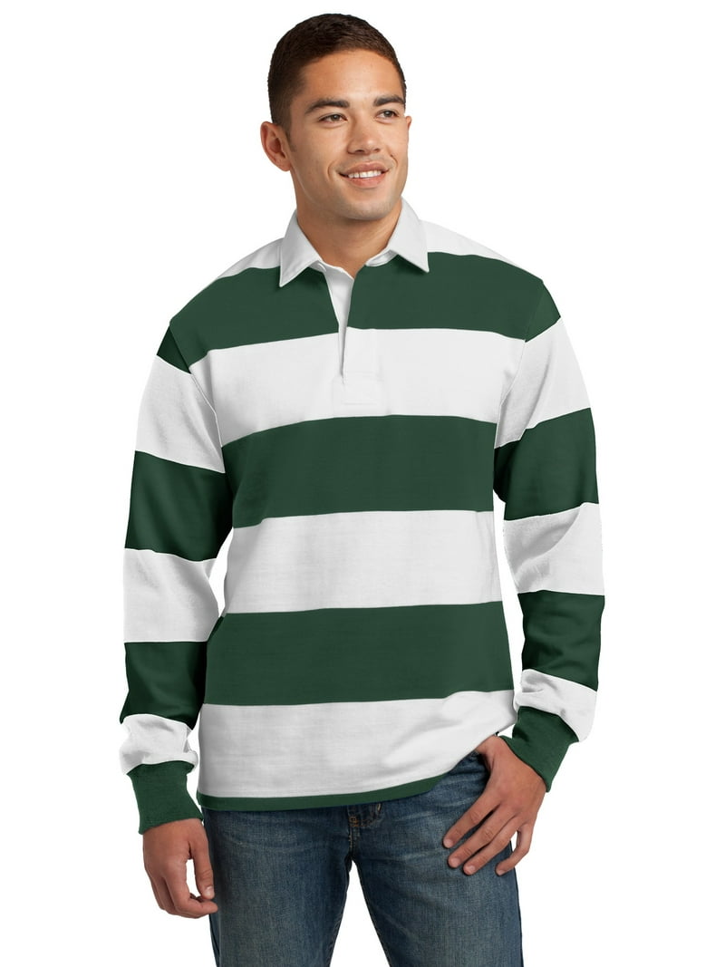 Sport-Tek Classic Long Sleeve Rugby Polo, Forest Green and White