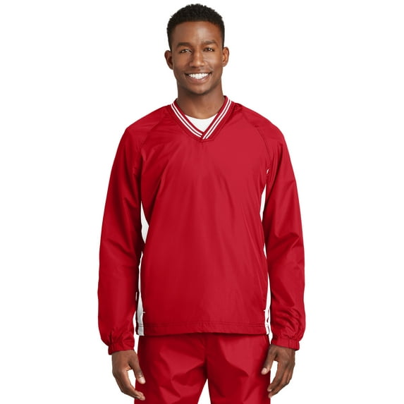 Sport-Tek JST62 Mens Tipped V Neck Raglan Wind Shirt, True Red & White - Extra Large