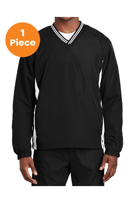 JST62 Tipped V-Neck Raglan Wind Shirt, Black/White, M, Mens Workout Shirts