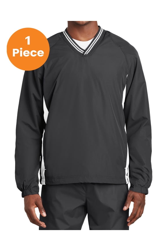 JST62 Tipped V-Neck Raglan Wind Shirt, Graphite Grey/ White, S, Mens Workout Shirts