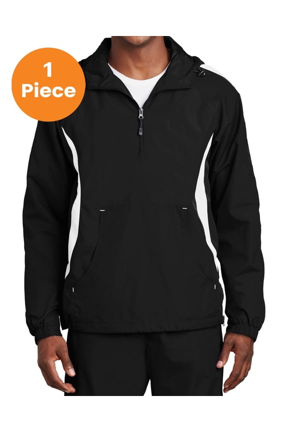 JST63 Colorblock Raglan Anorak Jacket , Black/White, L, Mens Athletic Jackets