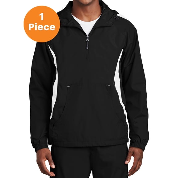Sport-Tek JST63 Colorblock Raglan Anorak Jacket , Black/White, XL, Mens Athletic Jackets