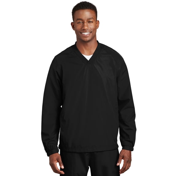 Sport-Tek JST72 Mens V Neck Raglan Wind Shirt, Black - Extra Large