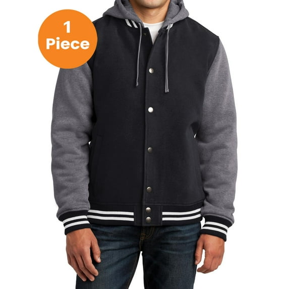 Sport-Tek JST82 Insulated Letterman Jacket, Black/ Vintage Heather, 2XL, Mens Varsity Jackets