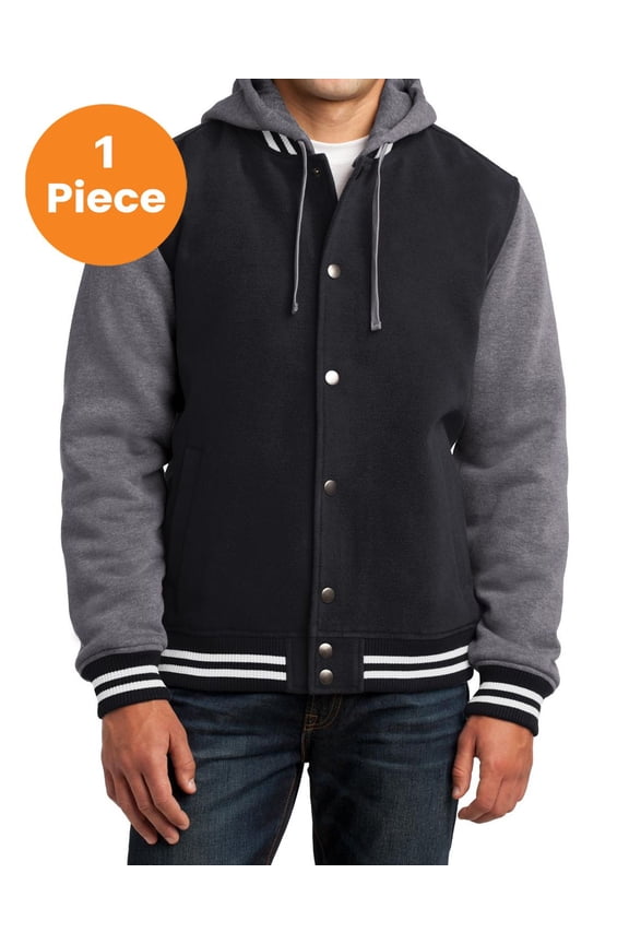 JST82 Insulated Letterman Jacket, Black/ Vintage Heather, XL, Mens Coats and Jackets