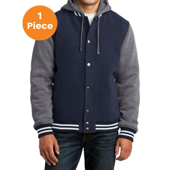 Sport-Tek JST82 Insulated Letterman Jacket, True Navy/ Vintage Heather, L, Mens Coats and Jackets