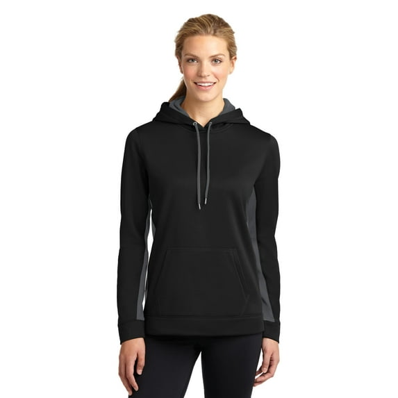 Sport-Tek LST235 Ladies Sport-Wick Fleece Colorblock Hooded Pullover, Black/ Dark Smoke Grey, 4XL