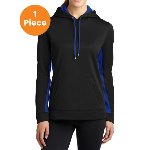 Sport-Tek LST235 Ladies Sport-Wick Fleece Colorblock Hooded Pullover, Black/ True Royal, S, Womens Hoodies