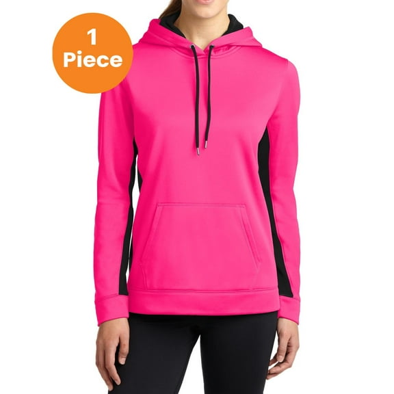 Sport-Tek LST235 Ladies Sport-Wick Fleece Colorblock Hooded Pullover, Neon Pink/ Black, L, Womens Hoodies