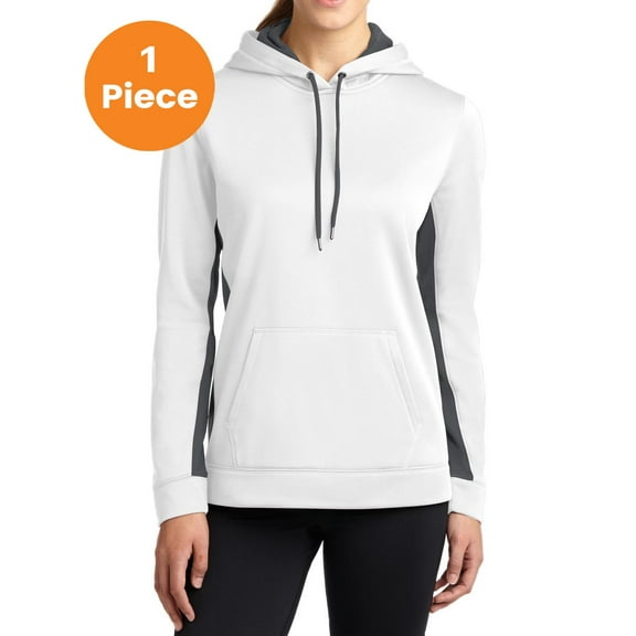Sport-Tek LST235 Ladies Sport-Wick Fleece Colorblock Hooded Pullover, White/ Dark Smoke Grey, S, Womens Hoodies