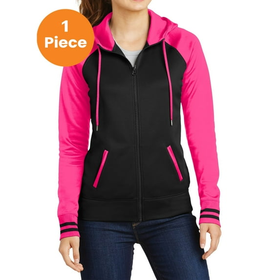 Sport-Tek LST236 Ladies Sport-Wick Varsity Fleece Full-Zip Hooded Jacket, Black/ Neon Pink, XXL, Womens Activewear