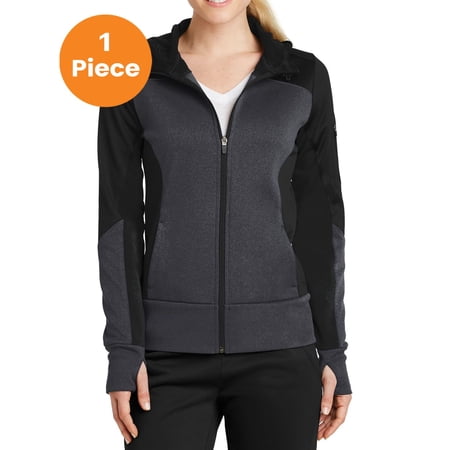 Sport-Tek LST245 Ladies Tech Fleece Colorblock Full-Zip Hooded Jacket , Black/ Graphite Heather/ Black, XL, Womens Fleece Jackets