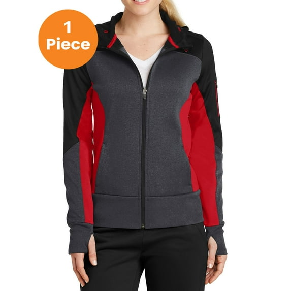 Sport-Tek LST245 Ladies Tech Fleece Colorblock Full-Zip Hooded Jacket , Black/ Graphite Heather/ True Red, S, Womens Fleece Jackets