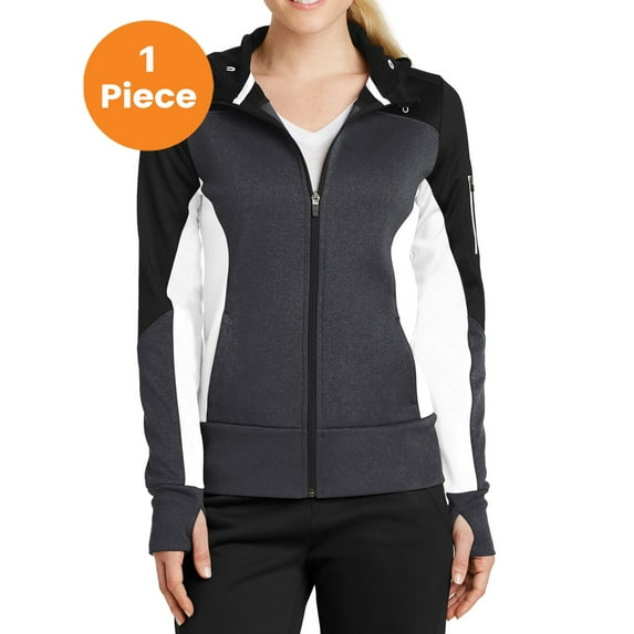 Sport-Tek LST245 Ladies Tech Fleece Colorblock Full-Zip Hooded Jacket , Black/ Graphite Heather/ White, M, Womens Fleece Jackets