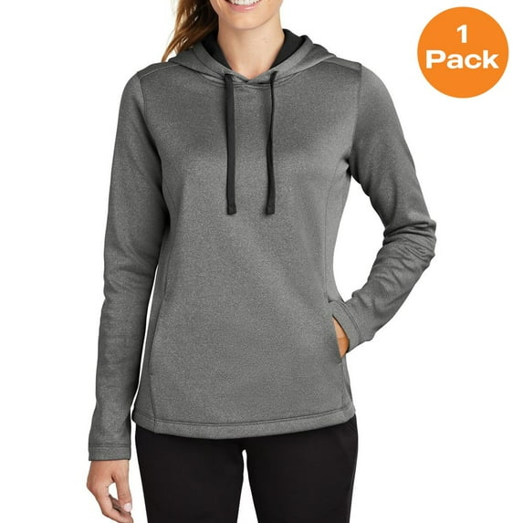 Sport-Tek LST264 Ladies PosiCharge Sport-Wick Heather Fleece Hooded Pullover, Black Heather, L, Womens Activewear