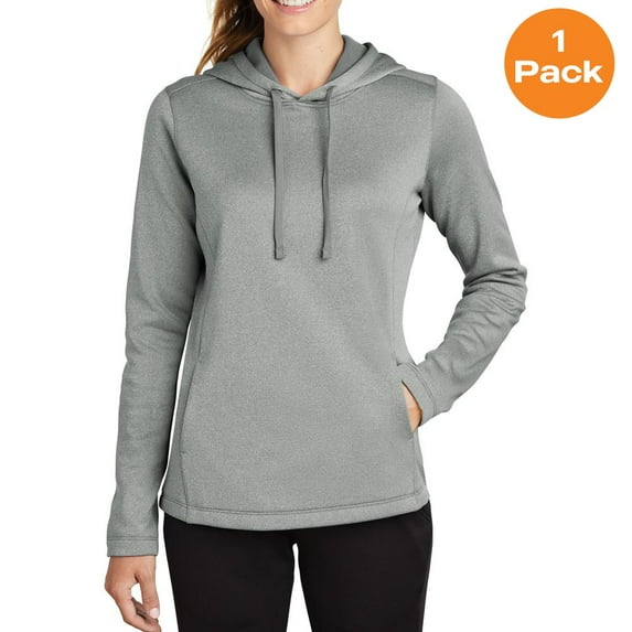 Sport-Tek LST264 Ladies PosiCharge Sport-Wick Heather Fleece Hooded Pullover, Dark Silver Heather, XL, Womens Activewear