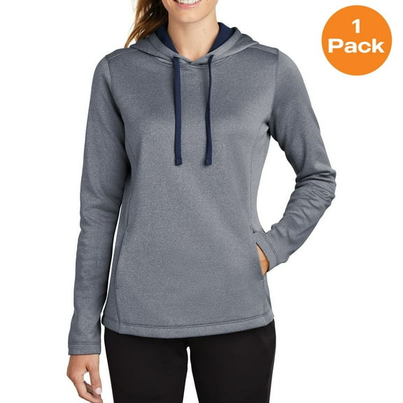 Sport-Tek LST264 Ladies PosiCharge Sport-Wick Heather Fleece Hooded Pullover, True Navy Heather, S, Womens Activewear