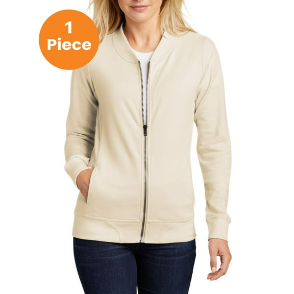 Sport-Tek LST274 Ladies Lightweight French Terry Bomber, Ecru, M, Womens Bomber Jackets