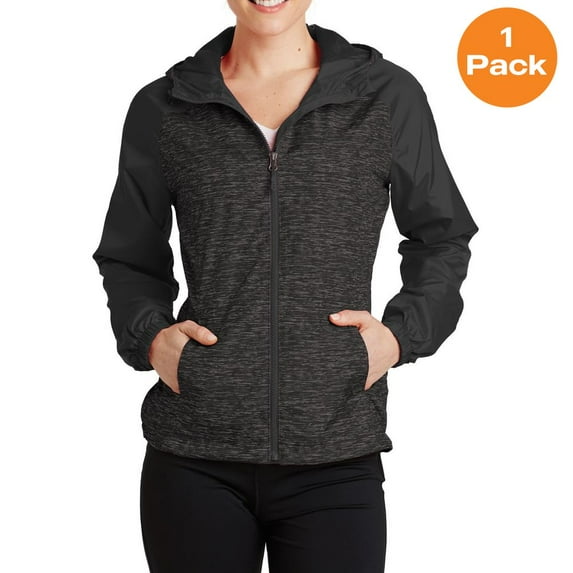 Sport-Tek LST40 Ladies Heather Colorblock Raglan Hooded Wind Jacket, Black Heather/ Black, 4XL, Plus Size Coats