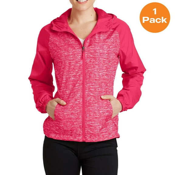 Sport-Tek LST40 Ladies Heather Colorblock Raglan Hooded Wind Jacket, Pink Raspberry Heather/ Pink Raspberry, 4XL, Womens Coats