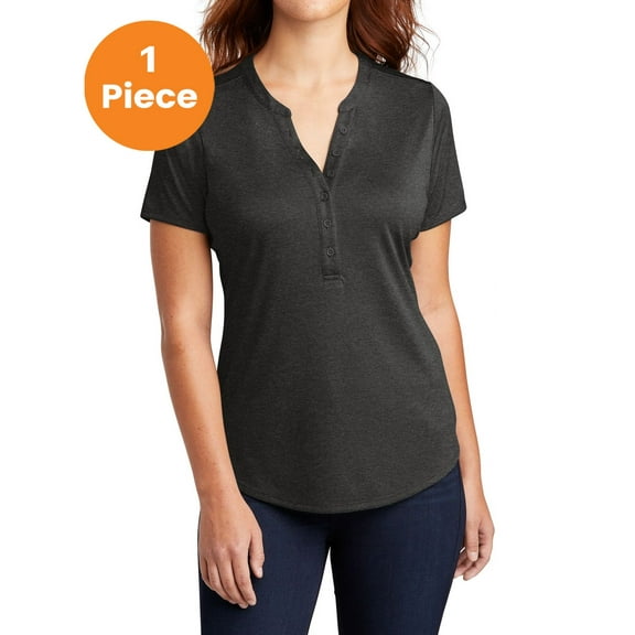 Sport-Tek LST468 Ladies Endeavor Henley, Black Heather, S, Womens Clothing, Womens Activewear