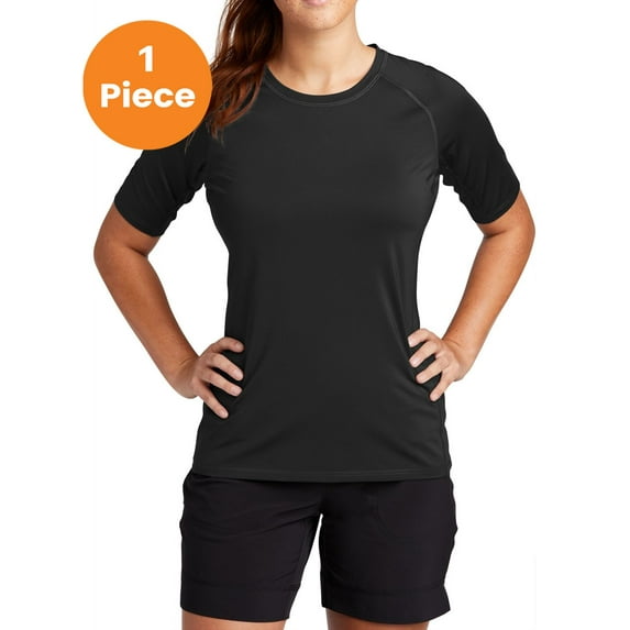 Sport-Tek LST470 Ladies Rashguard Tee, Black, S, Womens Clothing, Womens Swimsuits