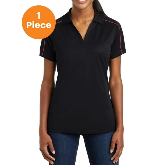 Sport-Tek LST653 Ladies Micropique Sport-Wik Piped Polo , Black/ True Red, XL, Womens Polo Shirts