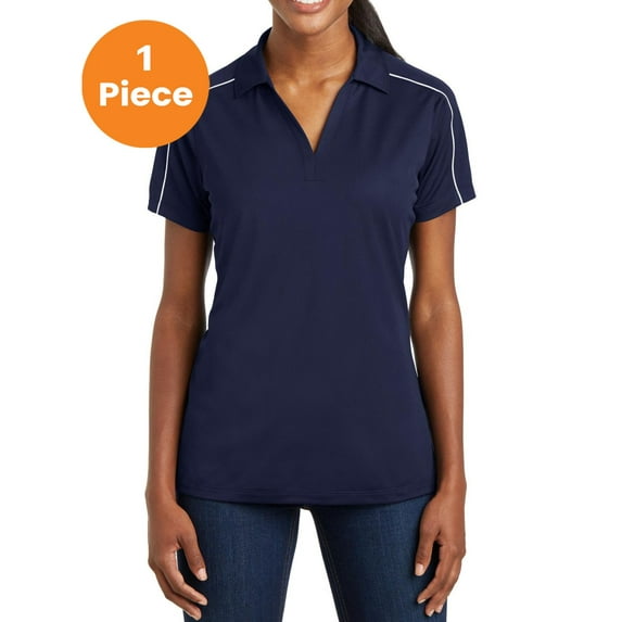 Sport-Tek LST653 Ladies Micropique Sport-Wik Piped Polo , True Navy/ White, S, Womens Polo Shirts