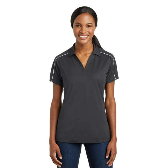 Sport-Tek LST653 Ladies Micropique Sport-Wik Piped Polo , White/ Iron Grey, 4XL, Womens Polo Shirts