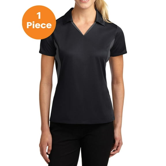 Sport-Tek LST655 Ladies Side Blocked Micropique Sport-Wick Polo Shirt , Black/ Iron Grey, M, Womens Polo Shirts