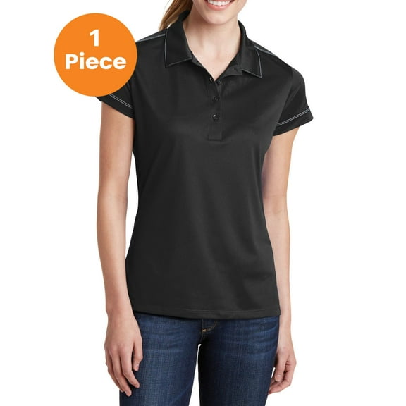 Sport-Tek LST659 Ladies Contrast Stitch Micropique Sport-Wick Polo Shirt, Black, S, Womens Polo Shirts