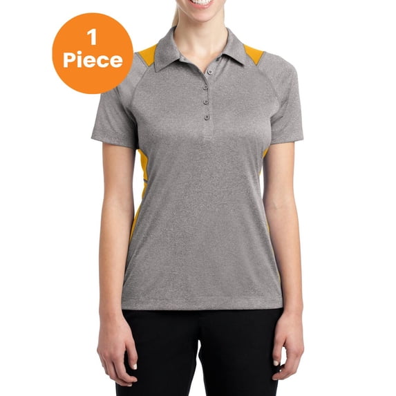 Sport-Tek LST665 Ladies Heather Colorblock Contender Polo, Vintage Heather/ Gold, XL, Womens Polo Shirts