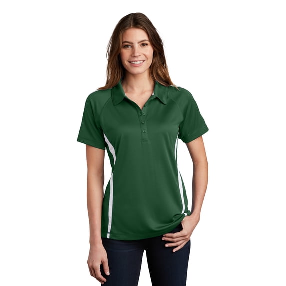 Sport-Tek LST685 Ladies PosiCharge Micro-Mesh Colorblock Polo Shirt, Forest Green/ White, L