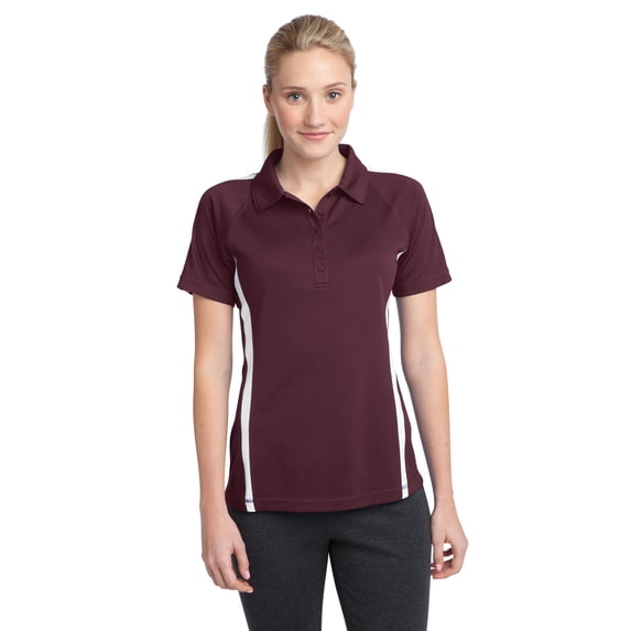 Sport-Tek LST685 Ladies PosiCharge Micro-Mesh Colorblock Polo Shirt, Maroon/ White, S