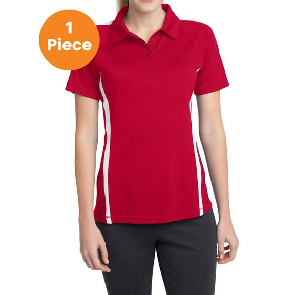 Sport-Tek LST685 Ladies PosiCharge Micro-Mesh Colorblock Polo Shirt, True Red/ White, L, Womens Polo Shirts