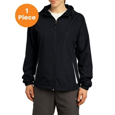 Sport-Tek LST76 Ladies Colorblock Hooded Jacket , Black/White, L, Womens Coats