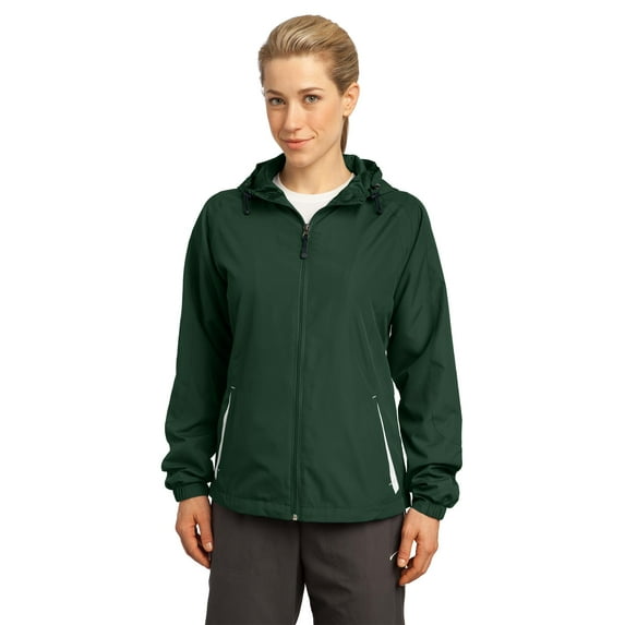 Sport-Tek LST76 Ladies Colorblock Hooded Jacket , Forest Green/White, XL