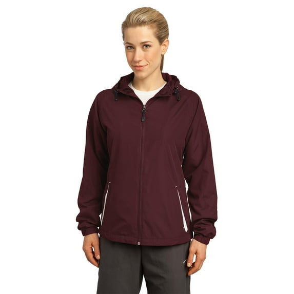 Sport-Tek LST76 Ladies Colorblock Hooded Jacket , Maroon/White, 4XL