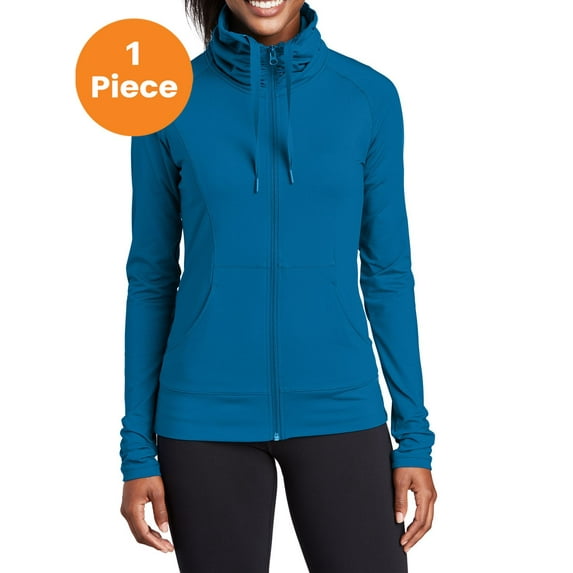 Sport-Tek LST852 Ladies Sport-Wick Stretch Full-Zip Jacket, Peacock Blue, L, Womens Activewear