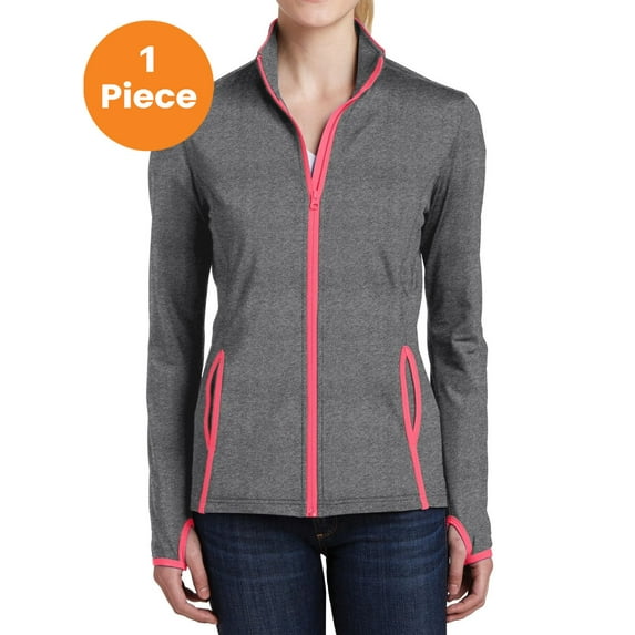 Sport-Tek LST853 Ladies Sport-Wick Stretch Contrast Full-Zip Jacket, Charcoal Grey Heather/ Hot Coral, XXL, Womens Activewear