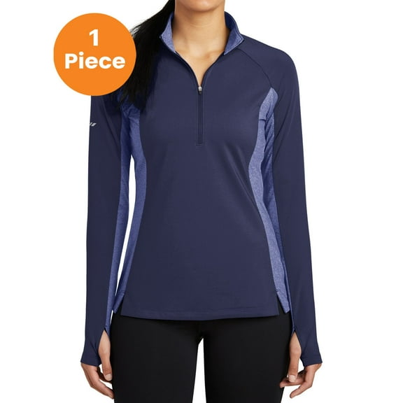 Sport-Tek LST854 Ladies Sport-Wick Stretch Contrast 1/2-Zip Pullover, True Navy/ True Navy Heather, M, Womens Sweaters