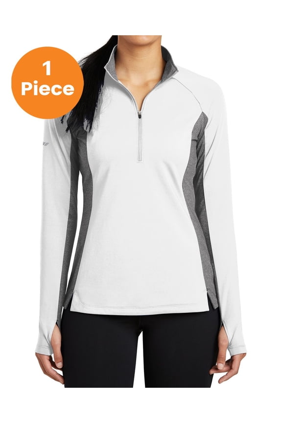 LST854 Ladies Sport-Wick Stretch Contrast 1/2-Zip Pullover, White/ Charcoal Grey Heather, L, Womens Sweaters