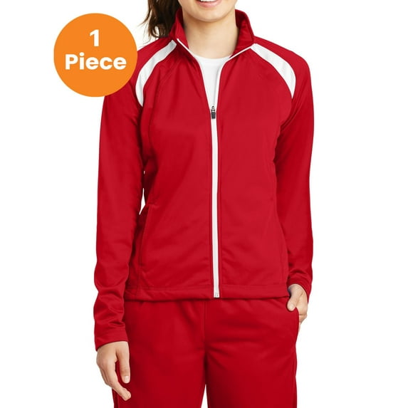 Sport-Tek LST90 Ladies Tricot Track Jacket, True Red/White, XL, Womens Activewear