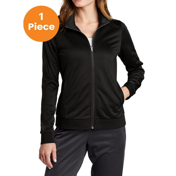 Sport-Tek LST94 Ladies Full-Zip Tricot Track Jacket , Black/ Black, S, Womens Activewear