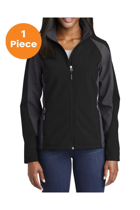 LST970 Ladies Colorblock Soft Shell Jacket, Black/ Iron Grey, XL, Womens Activewear