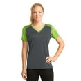 thumbnail image 1 of Sport-Tek Ladies CamoHex Colorblock Neck Tee-3XL (Iron Grey/ Lime Shock), 1 of 6